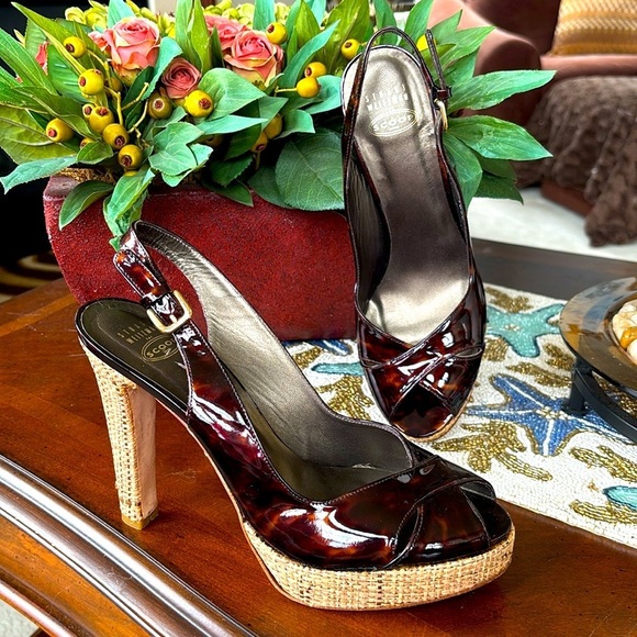 Stuart Weitzman for Scoop NYC Slingback Peep Toe Heels Tortoise Patent Leather - Picture 1 of 16